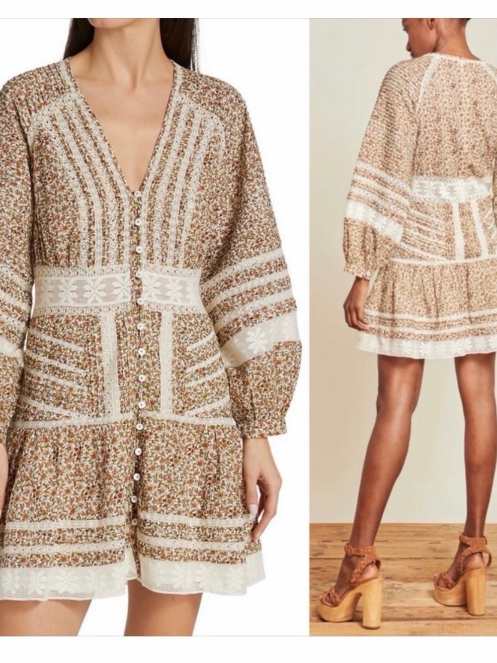 Veronica Beard Addilyn Floral Lace Pintuck Mini Dress Ivory Brown Cotton Sz 12